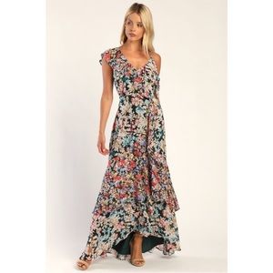 NWOT Lulus Radiant Hunter Green Floral Print Chiffon Maxi Dress Small